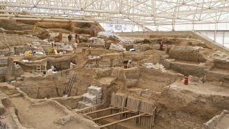 Many unearthed partial structures dot a large dig site protected by a modern roof