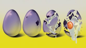 Art of four eggs, from left to right, getting progressively more cracked. In the far right egg, it's cracked to the point the yolk is slipping out.