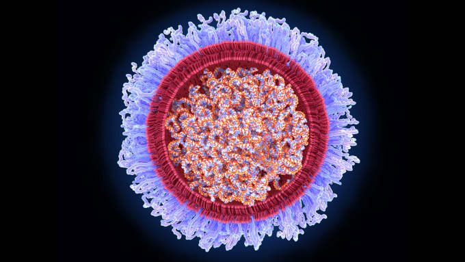 illustration of a messenger RNA molecule covered in lipid bubbles