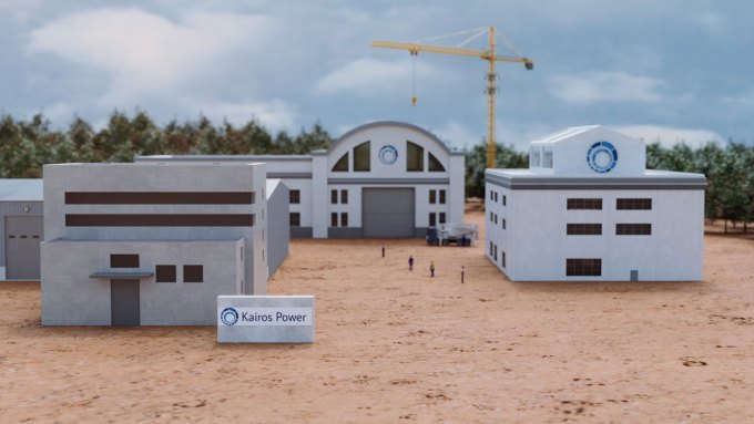 An illustration shows several buildings under construction with the logo for Kairos Power