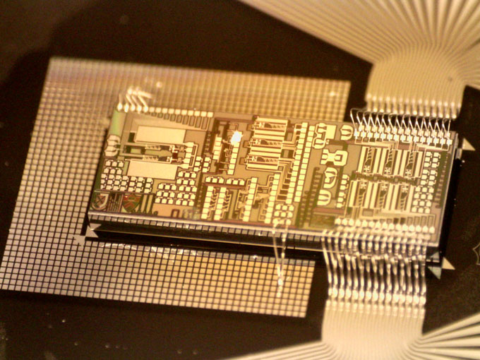 A close-up of a chip that Bhavin Shastri's team developed. The chip's color is gold.