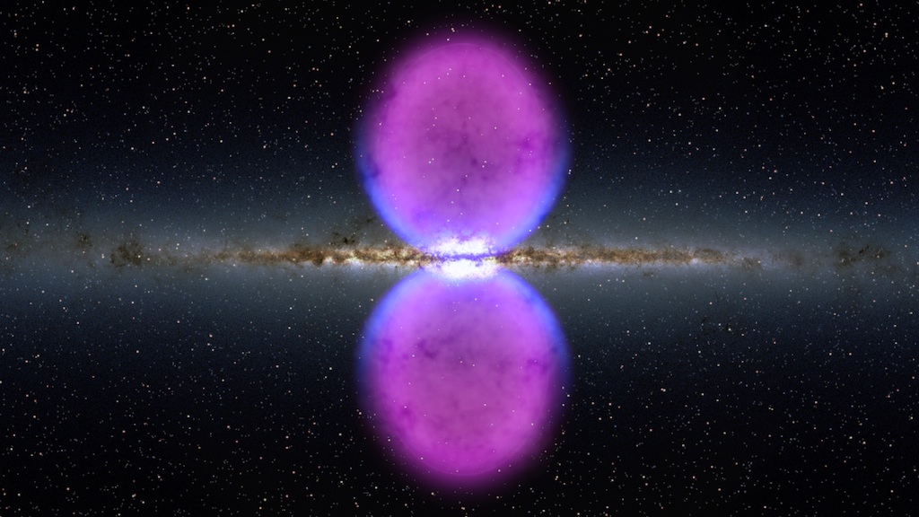 Against the dark background with white dots, fuzzy brown line with a halo splits the image horizontally. Two purple ovals are placed below and above the center of the line. Where the ovals touch the brown line glows in white. The outer edges of the ovals near the brown line glows in blue.